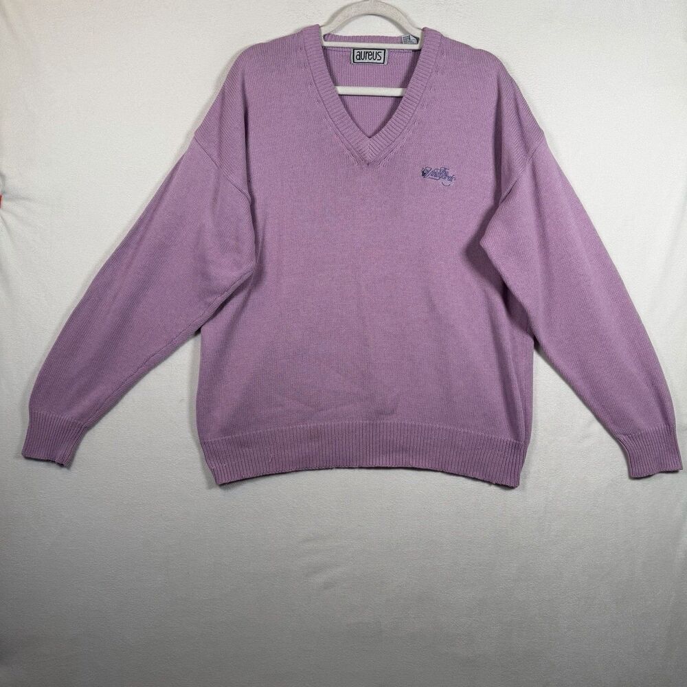 Vintage Aureus Purple V-Neck Knit Sweater L Embroidered Chest Logo